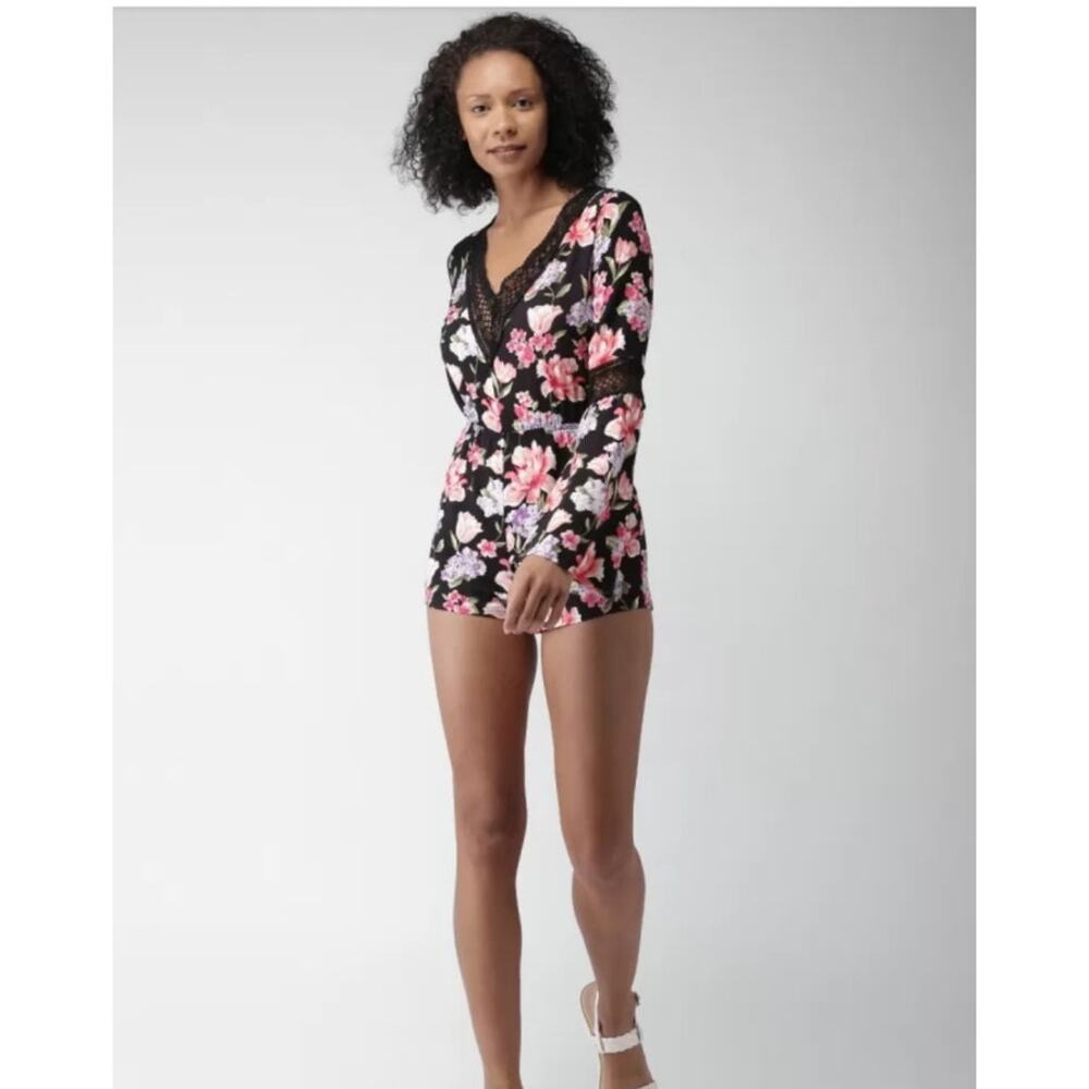 Forever 21 Floral Romper Small Black Lace Bell Sleeve Boho Jumpsuit Cottagecore